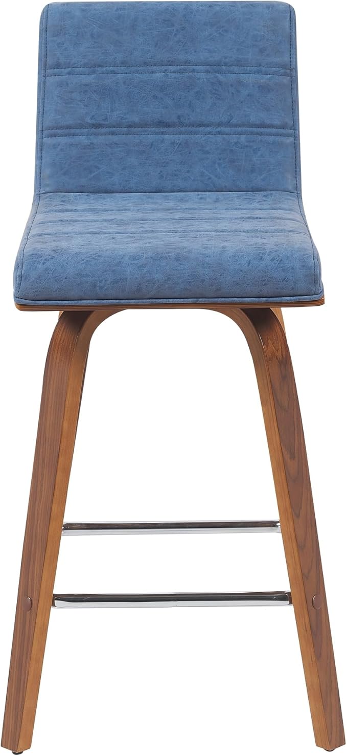 Armen Living Vienna Modern Swivel 26" Counter Height Barstool with Vintage Blue Faux Leather and Walnut Wood Finish