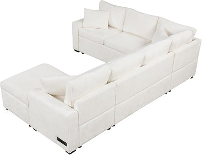 112" Luxurious Pull-out Sofa Bed Sleeper with Storage Ottoman,Sectional Sleeper Couch W/ 3 Pillows,2 USB ports & 2 Power Sockets,Corner Furniture Set for Living Room Large Space,Cream Chenille