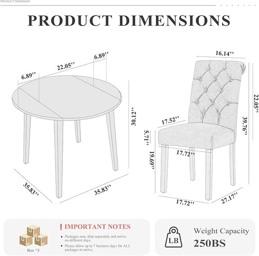 COLAMY 5-Piece Extendable Dining Table Set for 4, 36" Kitchen Round Wood Table with 4 Tufted Dining Room Chairs,Light Brown/Black