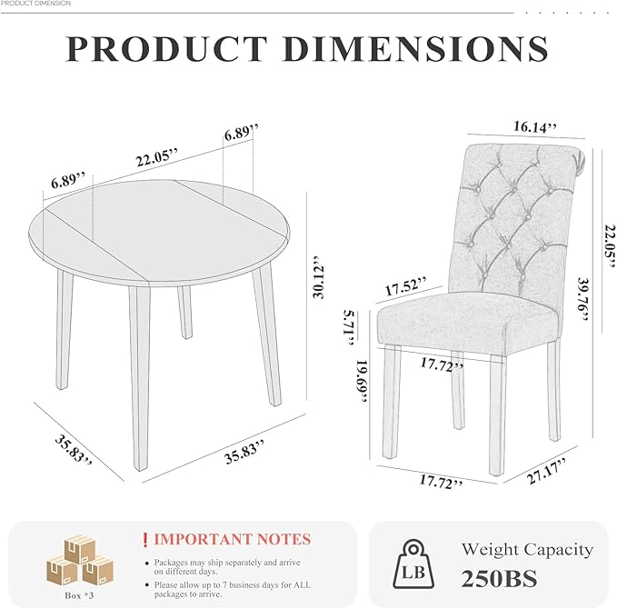 COLAMY 5-Piece Extendable Dining Table Set for 4, 36" Kitchen Round Wood Table with 4 Tufted Dining Room Chairs,Light Brown/Dark Grey