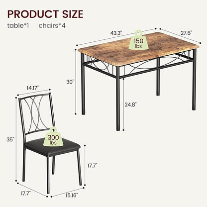 IDEALHOUSE Dining Table Set for 4, 5 Piece Dining Table Set with 4 Upholstered Chairs, Rectangular Dining Room Table Set of 4 for Small Space, Apartment, Retro Brown