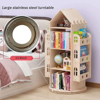 Rotating Bookshelf, 360 Display Floor Standing Bookcase Storage Rack, Wood Storage Organizer for Kids