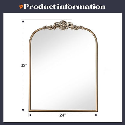 Antique Baroque Gold Mirror, 24” x 32” Vintage Vanity Mirror for Fireplace Mantel, Arch Bathroom Mirror for Wall with Ornate Metal Frame for Entryway Bedroom Living Room