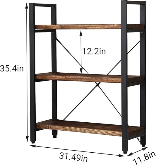 Natural Real Solid Wood Bookcase,3 Tier Metal and Wood Open Book Shelf Storage Farmhouse Wide Etagere Bookcase for Office Living Bedroom