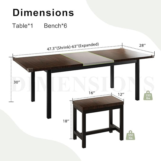 Feonase 7-Piece Dining Table Set with 6 Stools, 63 Inch Extendable Kitchen Table for 4-8, Kitchen Room Set with MDF Board & Metal Frame, Farmhouse Table, Space-Saving, Espresso