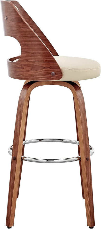 Armen Living Julius Mid Century Modern Swivel Bar Stool for Kitchen Island Counter in Cream Faux Leather and Walnut Wood, 26" Seat Height