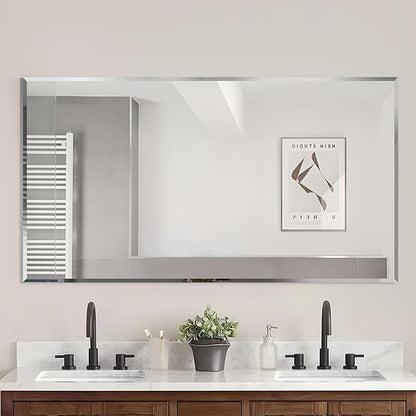 Frameless Beveled Edge Bathroom Mirror 55x30 Inch Rectangle Wall Mirror Explosion Proof and Shatterproof Bathroom Vanity Mirror Wall Mounted Hang Firmly (Horizontal or Vertical)