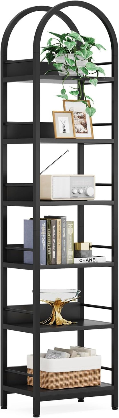 LITTLE TREE 6-Tier Open Bookshelf, 78.7" Tall Arched Bookcase, Black Wooden Bookshelf with Metal Frame, Freestanding Narrow Bookcase Display Shelves for Living Room, Bedroom, Office