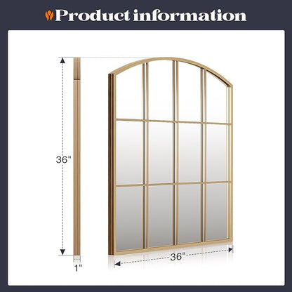 36" x 36" Farmhouse Arched Wall Mirror, Gold Window Pane Mirrors, Rustic Large Grid Mirror for Living Room, Bedroom, Hallway, Entryway