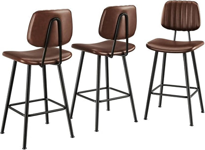 24-Inch Leather Bar Stools Set of 3, Counter Height Barstools with High Backrest，Bar Chairs for Kitchen Island with Heavy Duty Metal Legs, Dark Brown