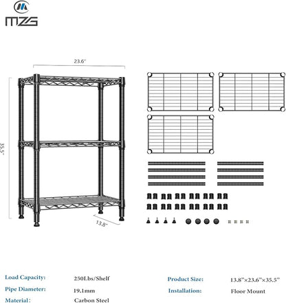 750 lbs 3 Tier Shelf Metal Storage Shelves Shelving Wire Rack Heavy Duty Closet Organizers for Garage Kitchen Bathroom Laundry Black 13.8" D x 23.6" W x 35.5" H