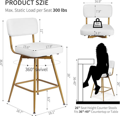 Swivel Counter Height Bar Stools Set of 2, Faux Leather Bar Stools with Back, Metal Legs and Footrest, 26" Seat Height Barstools for Kitchen Islands and Home Bars, Easy Assembly, White&Gold