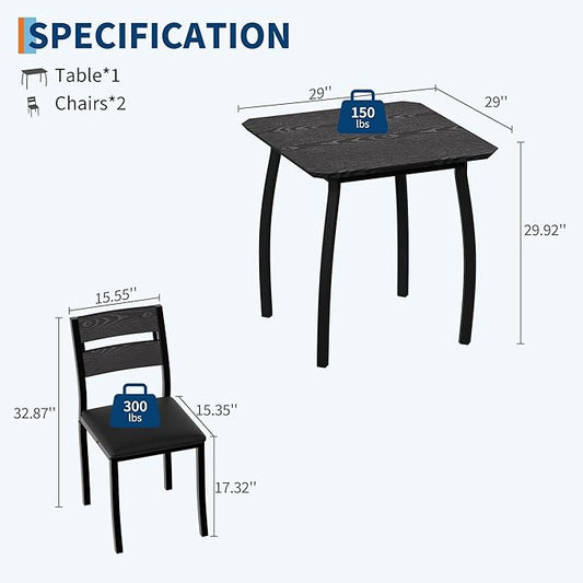 GAOMON Dining Table Set for 2, 3 Piece Small Kitchen Table and 2 Upholstered Chairs with Metal Frame & Wood Grain Tabletop for Small Space, Apartment, Kitchen, Dining Room, Black