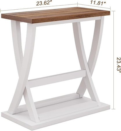 ChooChoo Farmhouse End Table, Narrow Side Table with Storage Shelf, Modern X-Design Slim End Table for Living Room,Bedroom, Small Space, 11.8" D*23.6" W*23.4" D