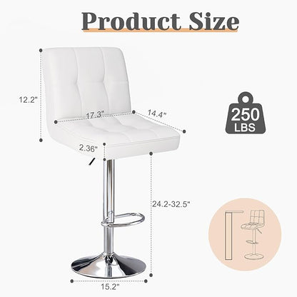 Sweetcrispy Bar Stools Set of 2, Armless PU Leather Adjustable Swivel Barstools, Hydraulic Kitchen Counter Height Thickened Seat Cushion Square Island Countertop Chairs with Back - Modern White