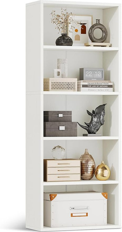 Casaottima 5-Tier Open Bookshelf and Bookcase, Floor Standing Display Storage Shelves for Living Room, Tall Book Shelf for Bedroom, Home Office, Dining Room, White