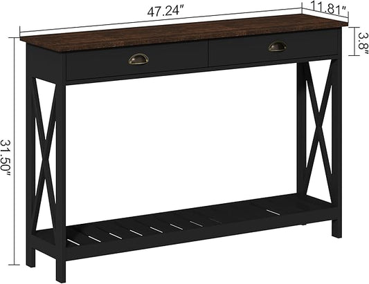 ChooChoo 47" Farmhouse Console Table with Drawer for Entryway, Narrow Long Entry Table with Shelf for Living Room, Rustic Vintage Hallway Sofa Table with Stable X Supports, Black