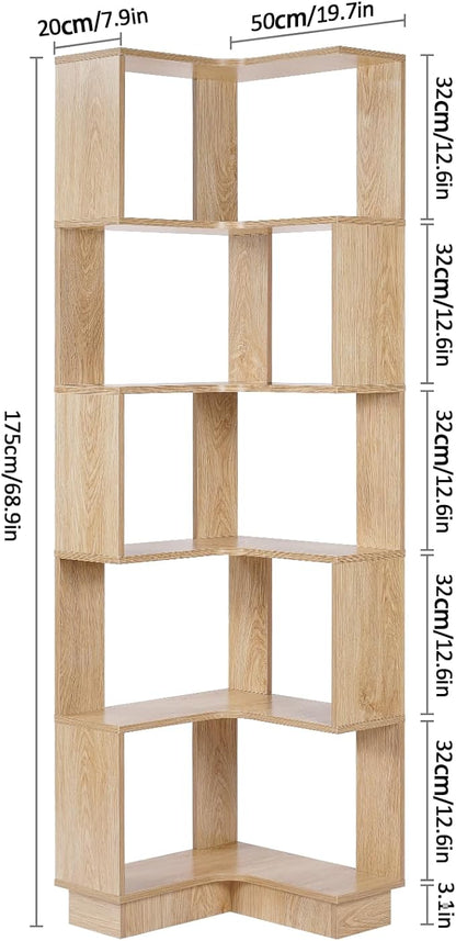Wooden Corner Bookcase, 5 Tiers Corner Bookshelf 68.9" L-Shaped Storage Display Rack Tall Large Open Bookshelf with Fixture for Living Room Bedroom Study Office