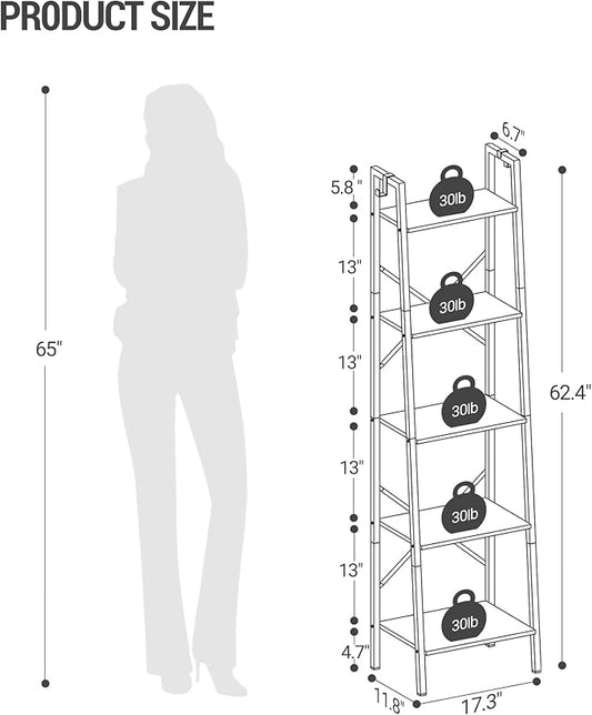 Ladder Shelf, Bookshelf Bookcase, Freestanding Corner Storage Shelve with 2 Hooks for Home Office, Living Room, Kitchen, Bedroom, Industrial, 5-Tier White BC19213W