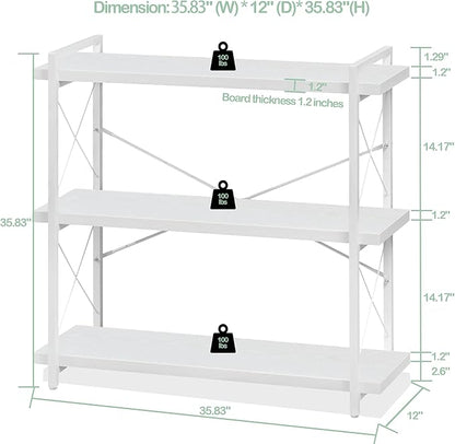 HCHQHS Bookshelf, 3-Tier Industrial Bookcase, White Open Book Shelf, Freestanding Horizontal Bookshelves with Metal Frame