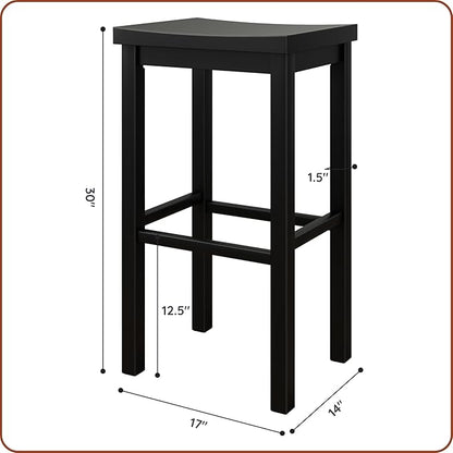 Grain & Grove Smith Collection Set of 4 Solid Wood Bar Stools, 30 inch Saddle-Seat Bar Chairs, Backless, Heavy-Duty Construction, Footrest Support, for Kitchen Islands, Home Bars, and Counters, Black