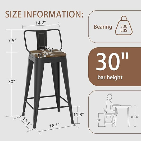 30 Inch Swivel Bar Stools Set of 4, Counter Height Bar Stools with Low Back, Metal Industrial Bar Chairs for Kitchen Island (Matte Black)