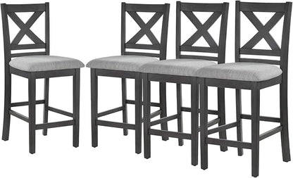 COLAMY Wooden Bar Stools Set of 4, Counter Height Bar Stools, Mid Century Modern Bar Stools with Backs, 25 Inch Upholstered Fabric Wooden Barstools for Kitchen Island Dining Room Bar, Dark Grey