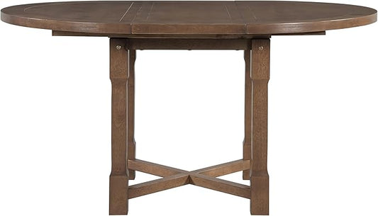Merax 5-Piece Extendable Dining Table and 4 Upholstered Chairs, Round Oval Dining Table Set for 4, Wood MDF Kitchen Table Set with Removable Leaf for Dining Room, 42" to 58" (Brown)