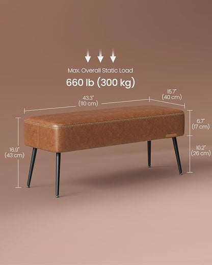 VASAGLE EKHO Collection - Bench for Entryway Bedroom, Synthetic Leather with Stitching, Ottoman Bench with Steel Legs, Living Dining Room, Mid-Century Modern, Loads 660 lb, Caramel Brown ULOM076K01
