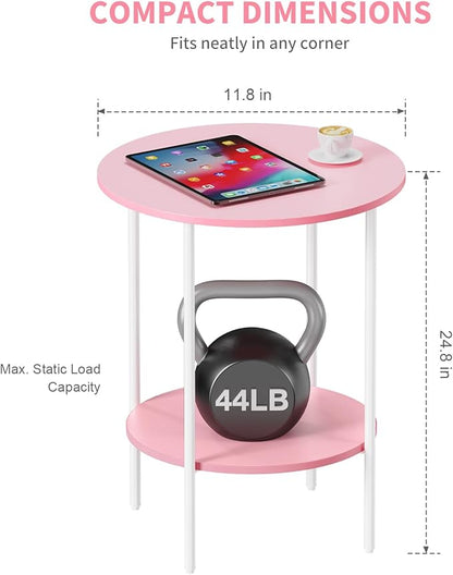 Side Table,Round End Table with 2 Storage Shelves| Compact Side Tables for Living Room, Couch, Office & Bedroom | Narrow Accent Table as Space-Saving Small Bedside Table 18x18x22in (Pink)