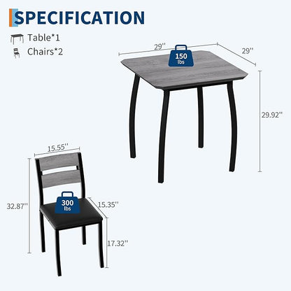 Small Dining Table Set for 2,3-Piece Kitchen Table Set with Thick Wood Grain Tabletop & 2 Upholstered Chairs & Metal Frame, Compact Table Set for Small Spaces, Kitchens & Dining Rooms (Grey)