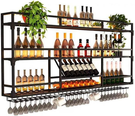 Metal Wall-Mounted Wine Rack with LED Light - 3 Tier Wine Storage Display Rack with Glass Holder - Space-Saving Bottle Display Shelf for Home Bars, Dining Rooms(Black, 47in/120cm)