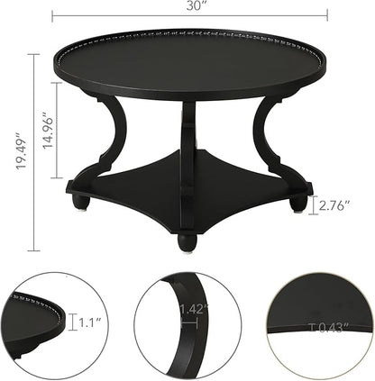 Wnutrees Farmhouse Round Coffee Table, Wood Tray Top Circle Coffee Table with Storage Shelf Rustic Style for Living Room and Vintage Finish, Black