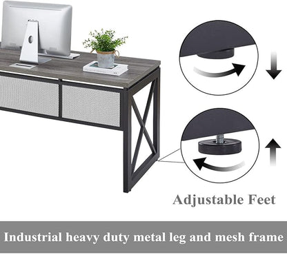 BON AUGURE Industrial Computer Desk, Rustic Wood Desks for Home Office, Sturdy Metal Writing Work Table (60 Inch, Dark Grey Oak)