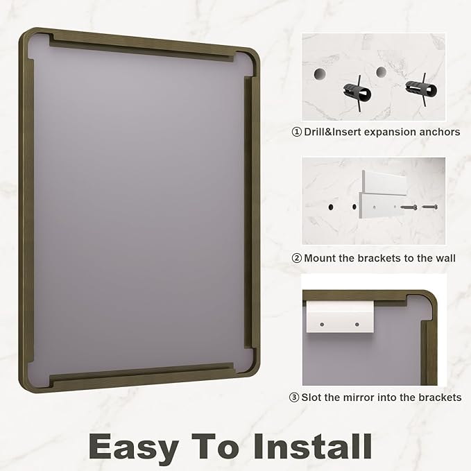 30x36 Inch Bronze Framed Bathroom Mirror, Brushed Bronze Metal Vanity Mirror, Bronze Rectangle Mirror for Wall, Rounded Corner, Anti-Rust, Shatterproof (Horizontal/Vertical)