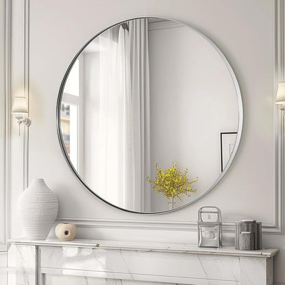 ANDY STAR Round Chrome Mirror, 30 inch Round Chrome Mirror, Circle Bathroom Mirror for Bathroom in Stainless Steel Metal Frame