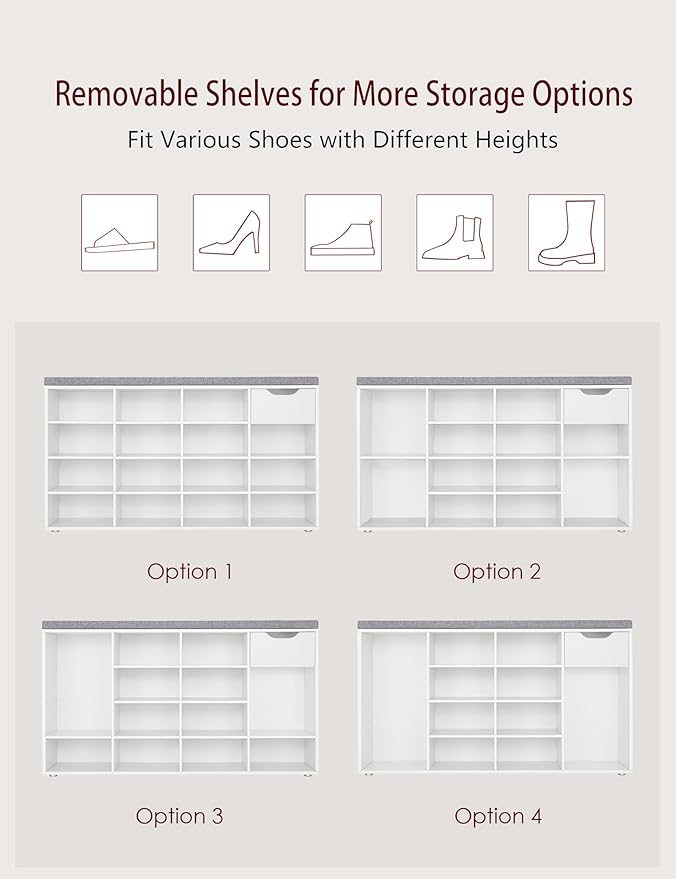 DINZI LVJ Shoe Bench, Entryway Storage Bench with Drawer and 15 Cubbies, Cubby Shoe Rack with Adjustable Shelves, Shoe Organizer Cabinet for Living Room, Bedroom, Mudroom, Closet and Garage, White