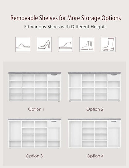 DINZI LVJ Shoe Bench, Entryway Storage Bench with Drawer and 15 Cubbies, Cubby Shoe Rack with Adjustable Shelves, Shoe Organizer Cabinet for Living Room, Bedroom, Mudroom, Closet and Garage, White