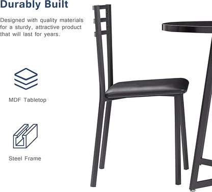 VECELO Small Round Dining Table Set for 2, Heavy-Duty Metal Frame & Upholstered Chair for Breakfast Nook, Kitchen, and Small Space, Black