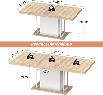 63"-78.7" Expandable Dining Table, 6-10 Farmhouse Kitchen Table, Extendable Dining Room Tables, Rectangular Table with Metal Track, Stable Central Column Base for Living Room, Home-Oak