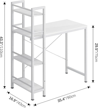 4NM 35" Small Computer Desk with 4-Tier Bookshelf, Home Office Desk Writing Workstation Study Table Multipurpose for Small Space Work - All White