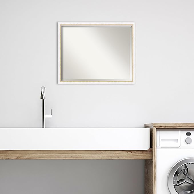 Amanti Art White Bathroom Mirror for Over Sink, 24x30 Morgan White Gold Rectangle Vanity Mirror, Large Modern Contemporary Wood Frame, Hangs Horizonally and Vertically, Bathroom Wall Decor, Beveled