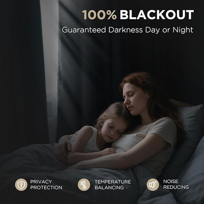 Joydeco 100% Blackout Curtains for Bedroom - Natural Linen Curtains 52" W x 96" L Long, Thermal Insulated 2 Panels Light Beige. Room Darkening Light Blocking Drapes for Living Room