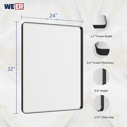WEER Black Framed Mirror for Bathroom, 24x32 Inch Matte Black Bathroom Vanity Mirror, Rectangular Black Metal Framed Wall Mirror with Tempered Glass, Rounded Corner, Anti-Rust (Horizontal/Vertical)