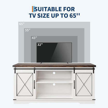 CABIHOME Farmhouse TV Stand and Entertainment Center for TV Up to 65 Inches with Sliding Barn Doors, TV Media Storage Console Table and Furniture for Living Room, Bedroom, White & Brown