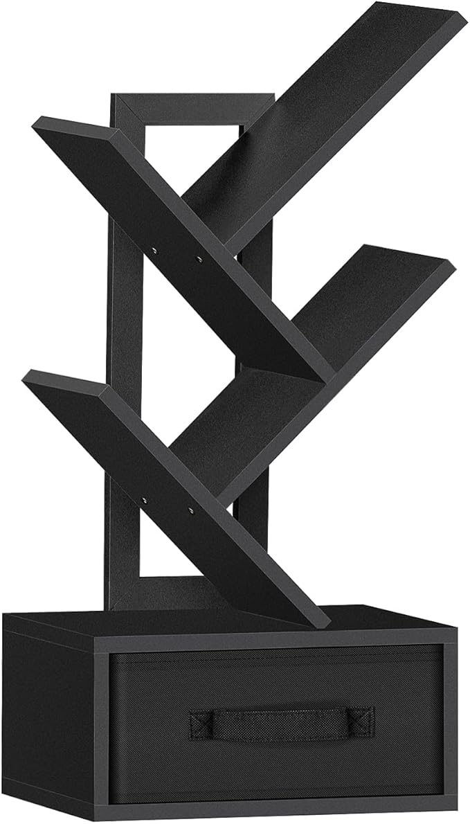 Small Book Shelf with Drawer,4 Tier Black Tree Bookshelf,Wooden Desktop Bookcase,Modern Desk Display Storage Bookshelves,Floor Standing Organizer Bookcases for Living Room,Bedroom,Office