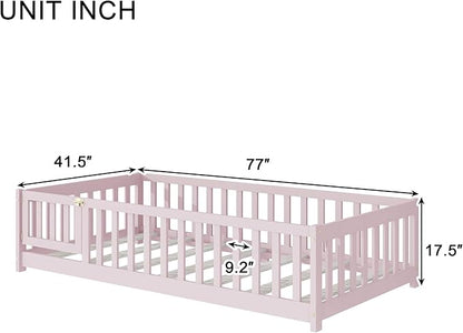 Twin Floor Bed Frame with Slats and Safety Guardrail, Wood Twin Size Montessori Floor Bed with Door and Fence, Easy Assemble Montessori Beds for Kids, Girls, Boys, Pink