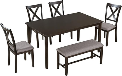 SogesPower 6-Piece Kitchen Dining Table Set for 4-6,Rectangular Dining Table with 4 Fabric Chairs & 1 Bench for Dining Room Living Room,Espresso
