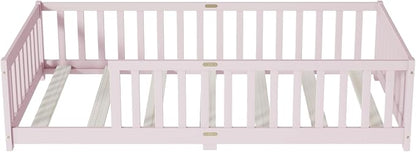 Bellemave Twin Floor Bed with Slats and Safety Guardrails, Kids Montessori Floor Beds with Fence and Without Door, Easy Assemble Floor Bed for Kids, Girls, Boys, Pink