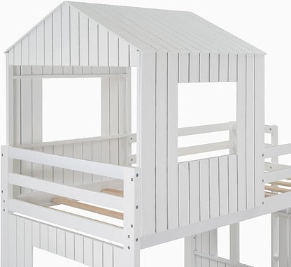 Ball & Cast Twin Over Full Playhouse Bunk Bed with Ladder and Window,Farmhouse Wood Bunkbed w/Full-Length Guard Rail & Slat Support,Space Saving,Bedroom Furniture for Student Dorms,White
